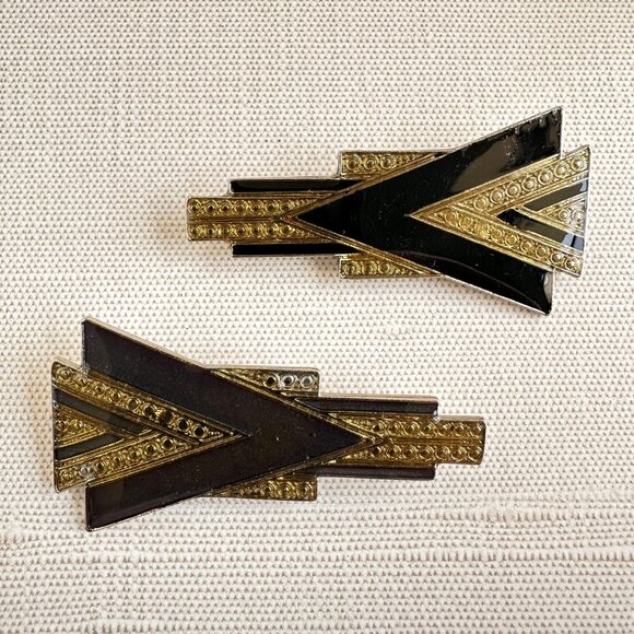 Pair Of Vintage Art Deco Gold & Black Brooches - Picture 1 of 6